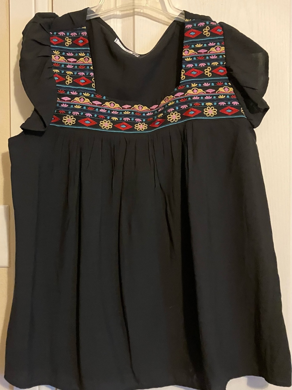Black Embroidered Square-Neck Women’s Top - Multicolor Accent